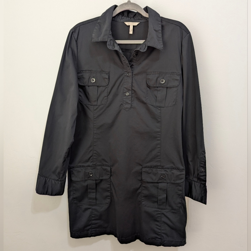 Old Navy Black Utility Shirt Dress Tunic Safari Military Style Pockets Size XL